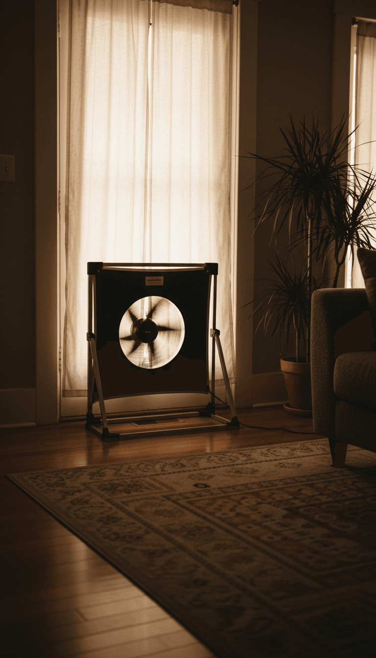 Blower door test setup in a living room for an energy audit