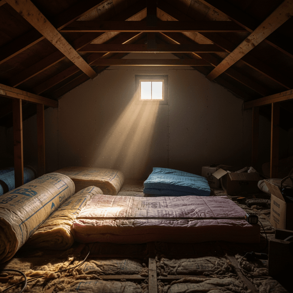 Attic insulation with measuring tape across it