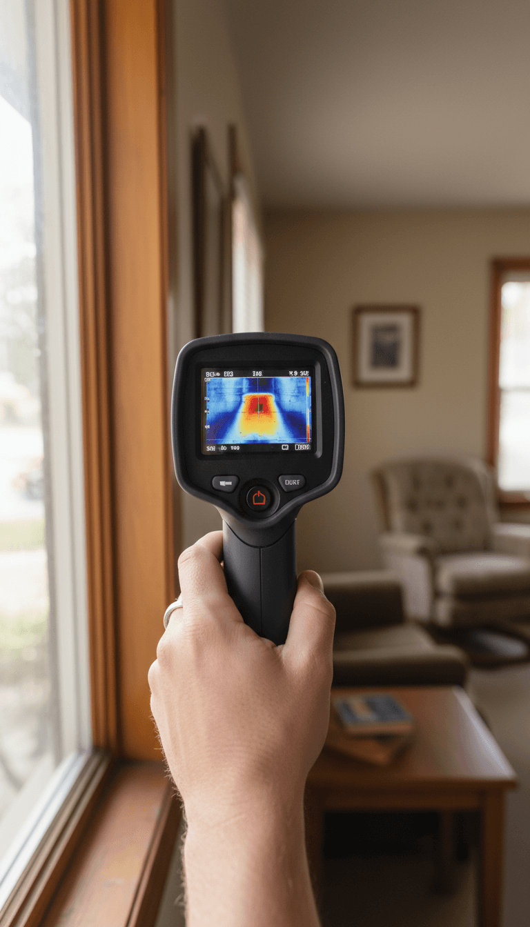 Inspector using thermal imaging camera on a window frame during a home energy audit