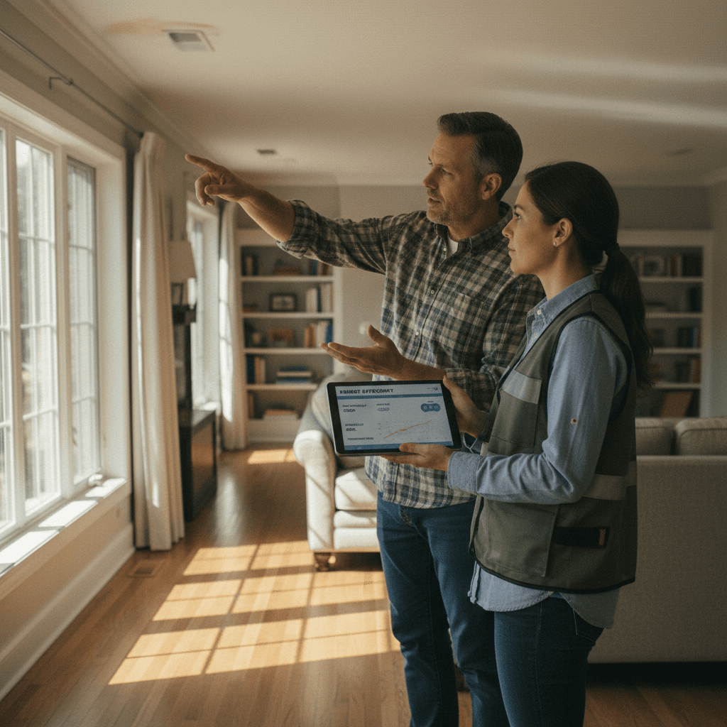 Homeowner reviewing audit results with an inspector before listing their home