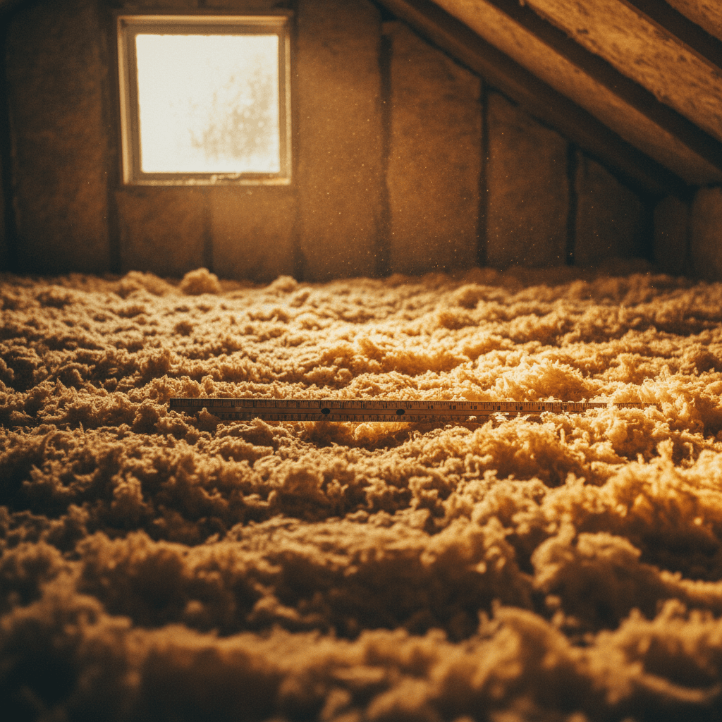 Close-up measurement of attic insulation depth in a Rocklin home