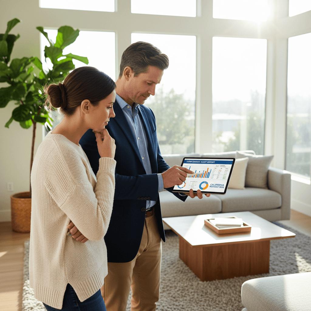 Inspector and homeowner discussing energy audit results using a tablet in a modern living room.