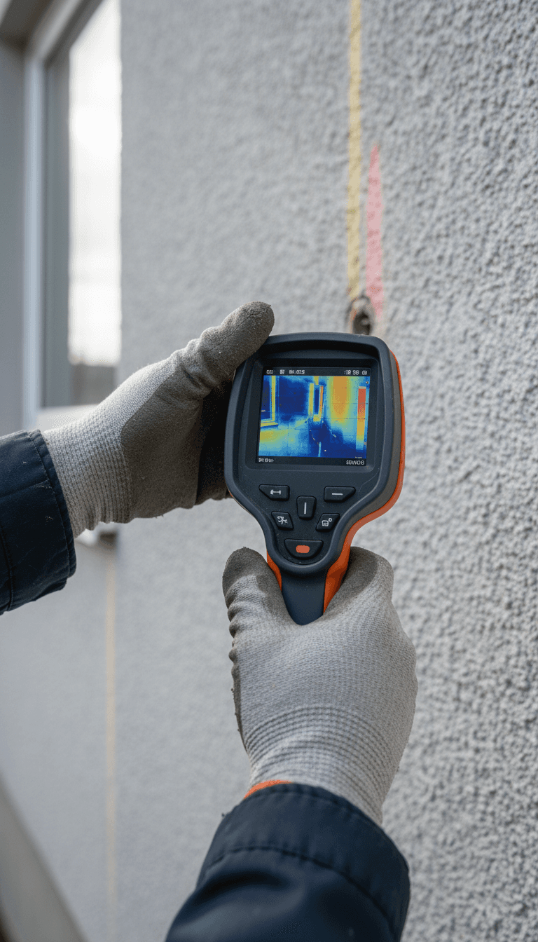 Hands holding a thermal imaging camera in front of a wall