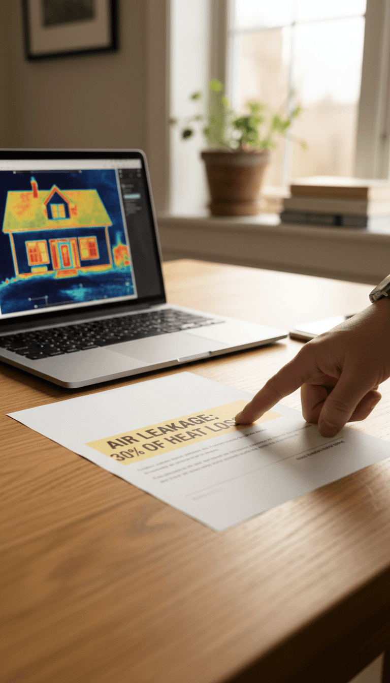 Homeowner reviewing an energy audit report with a laptop nearby in a sunlit kitchen