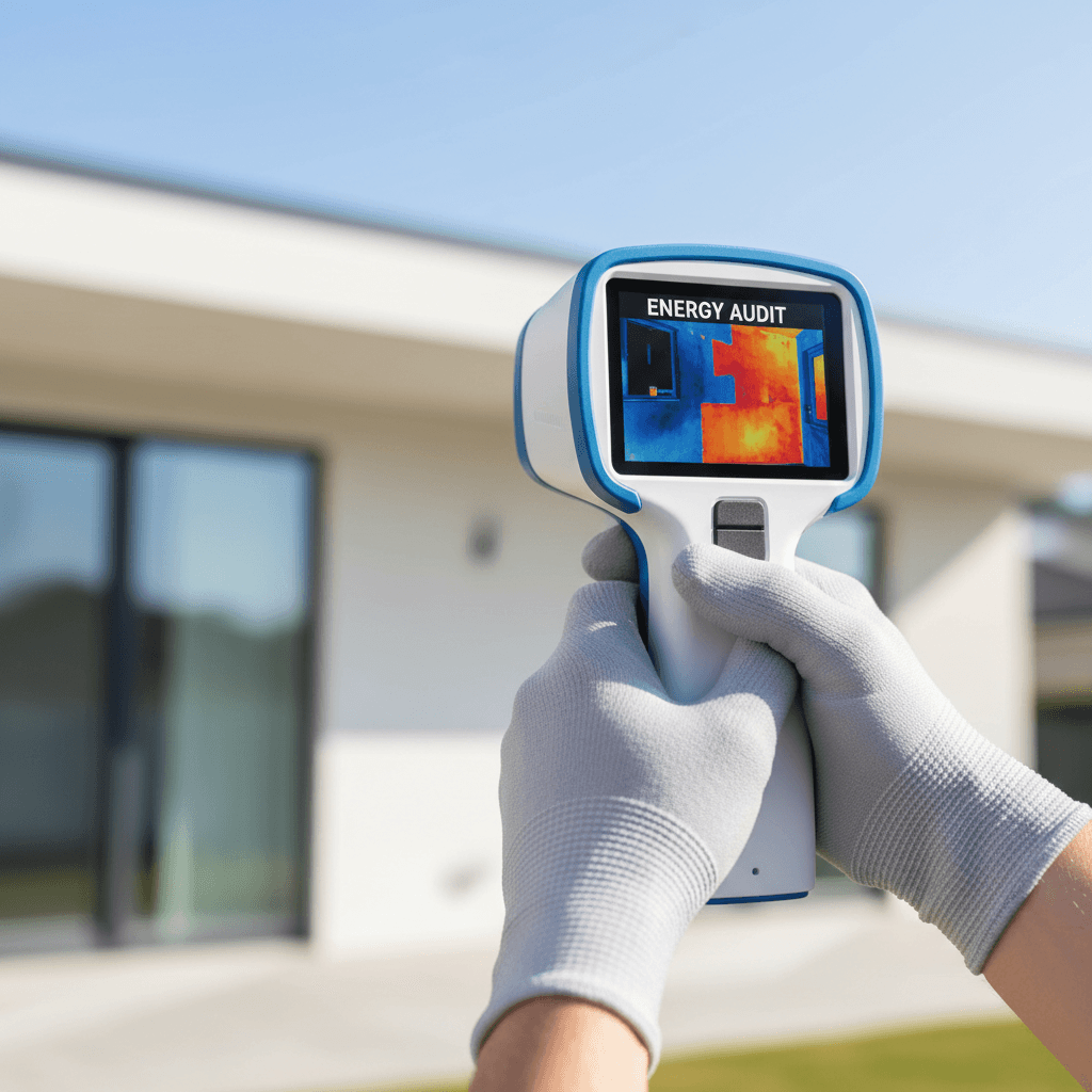 Energy auditor conducting thermal imaging scan on home exterior